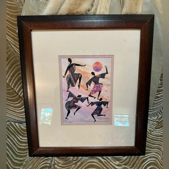 Vintage Edward Halessie Framed Lithograph Celebration Print 17x15 Africa Art